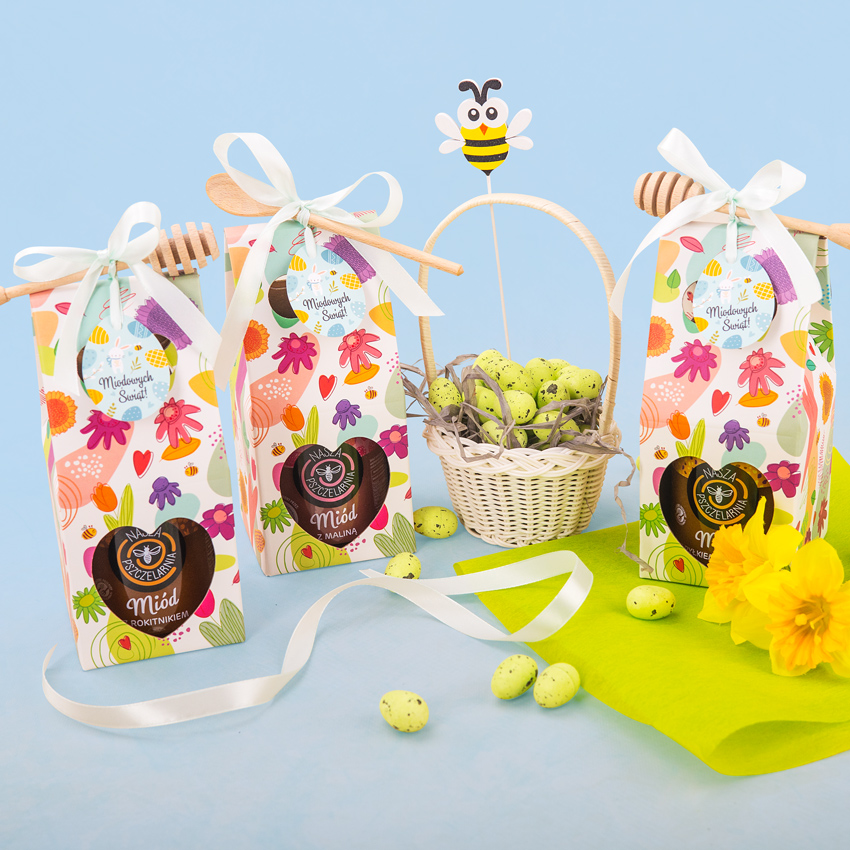 1 miód w kolorowym pudełku na Wielkanoc