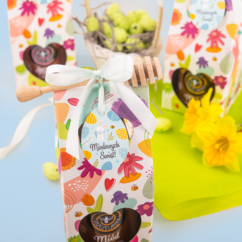 1 miód w kolorowym pudełku na Wielkanoc
