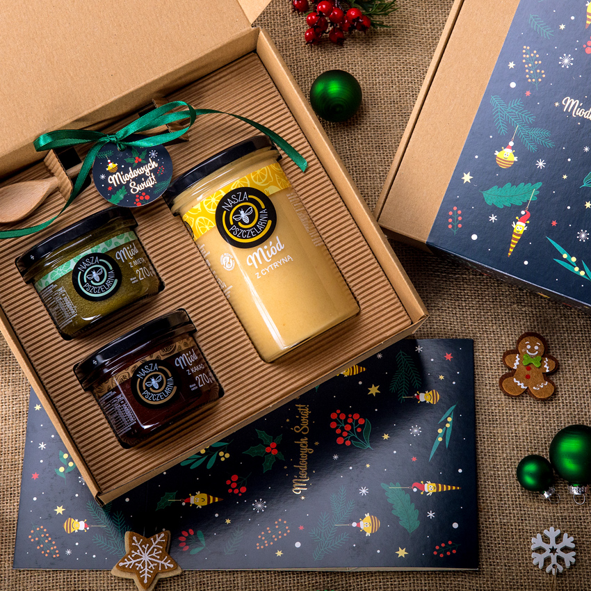 1 duży miód i 2 miodki w pudełku na Boże Narodzenie