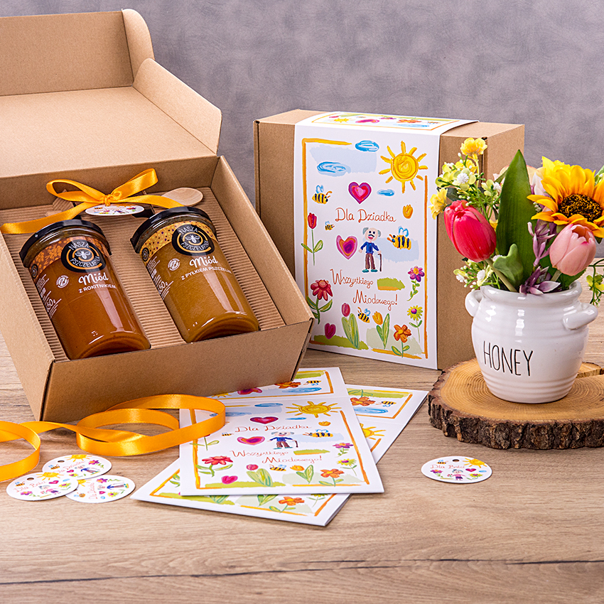 2 duże miody w pudełku na Dzień Babci i Dziadka