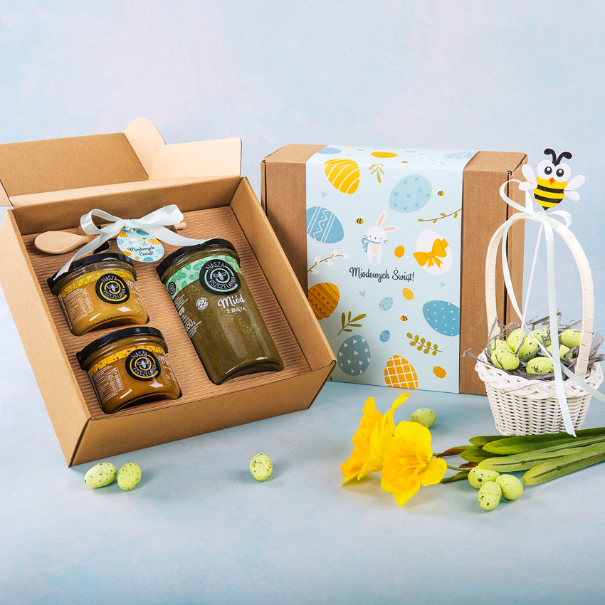 1 duży miód i 2 miodki w pudełku na Wielkanoc