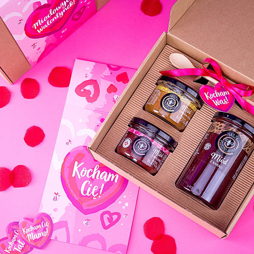 1 duży miód i 2 miodki w pudełku na Walentynki