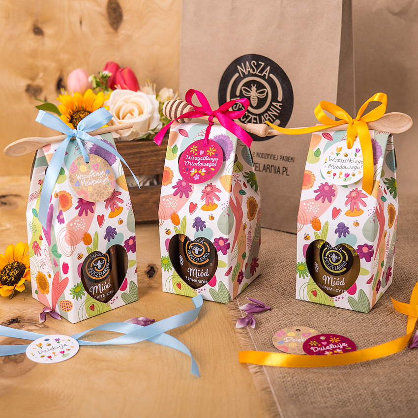 1 miód w kwiatowym pudełku na każdą okazję (3 kolory)