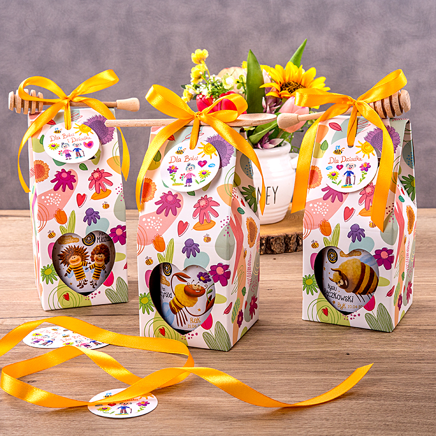 1 miód w kwiatowym pudełku na Dzień Babci i Dziadka z 1 znakiem zodiaku