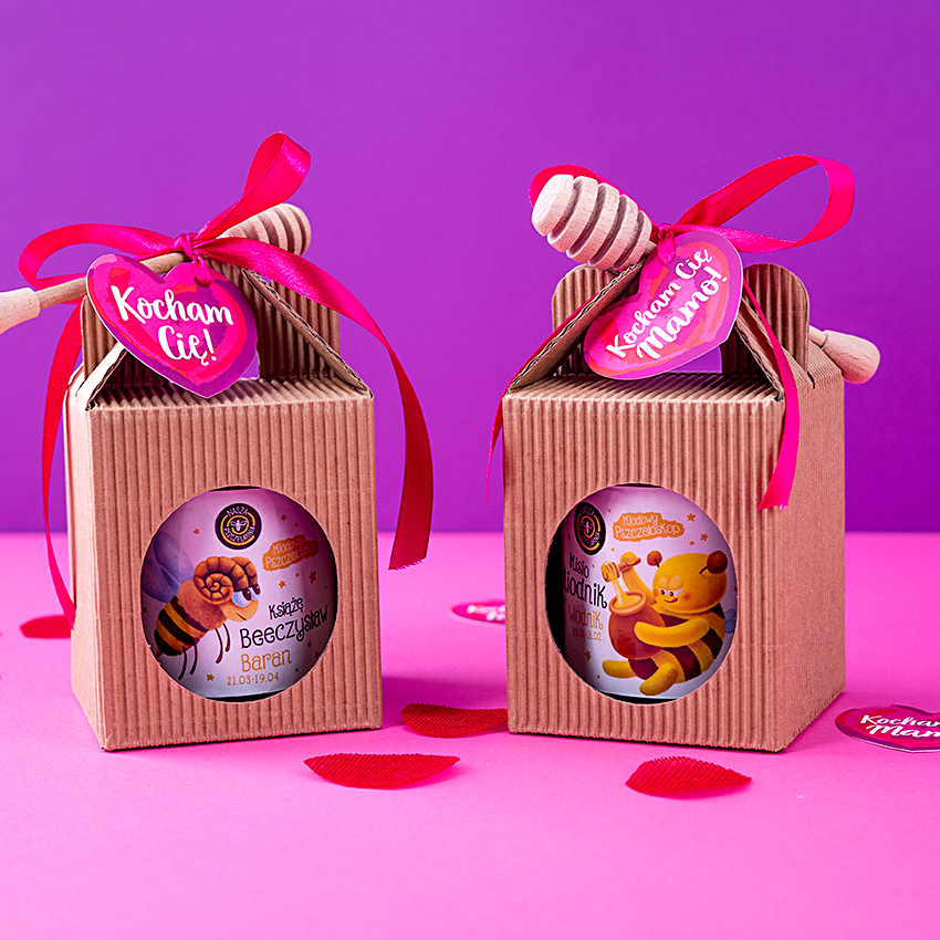 1 miód w kartoniku na Walentynki z 1 znakiem zodiaku