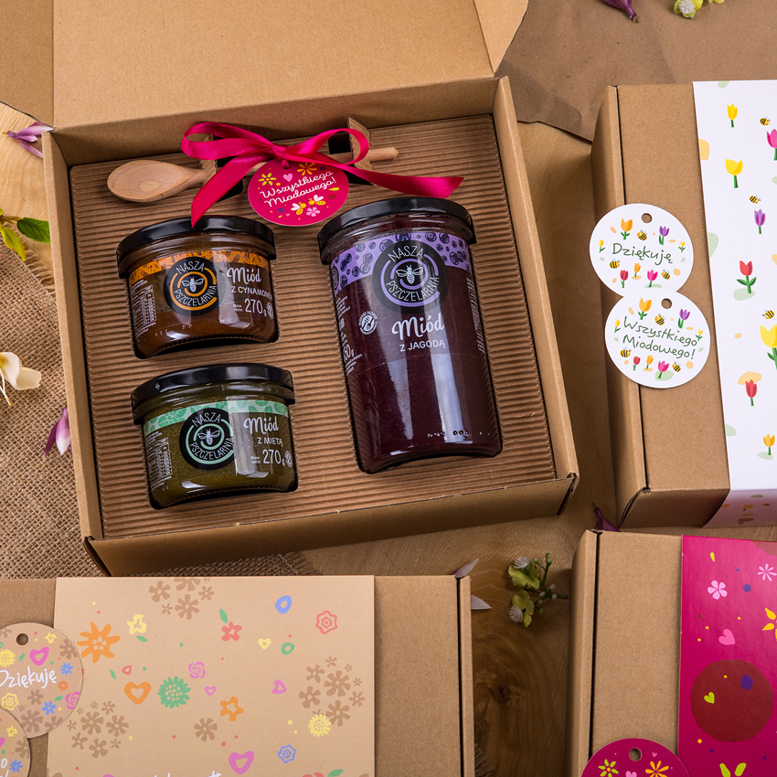 1 duży miód i 2 miodki w pudełku na każdą okazję (3 kolory)