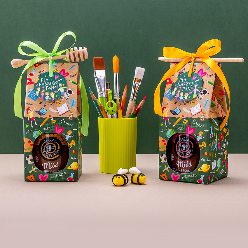 1 miód w kolorowym pudełku na Dzień Nauczyciela
